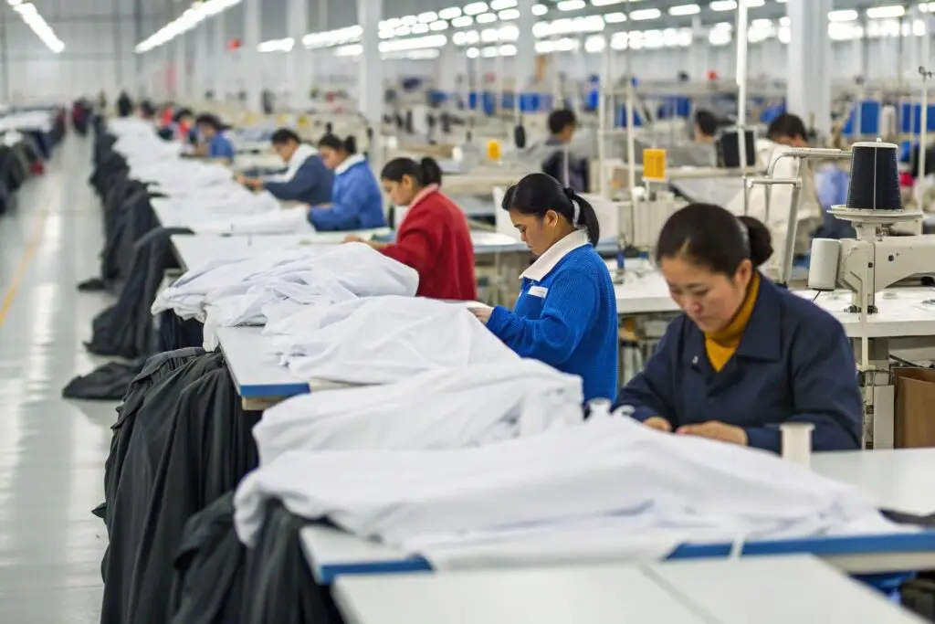 Chinese garment workers sewing white clothing in large factory