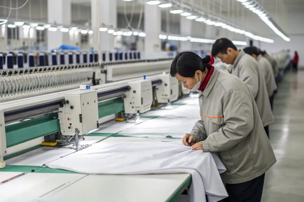 Fumao factory workers performing fabric quality control checks