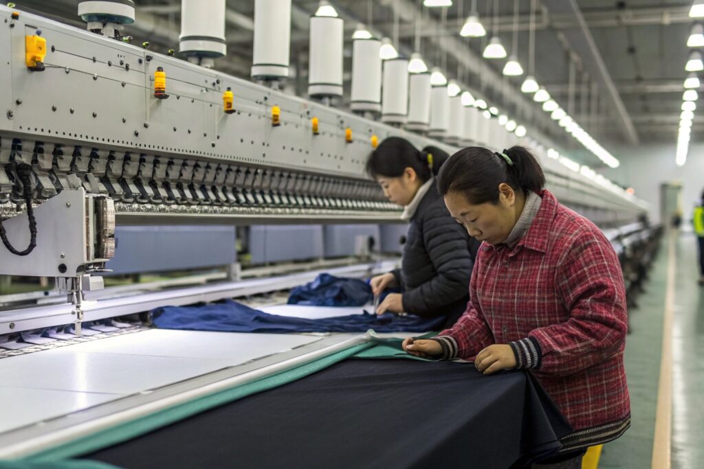 Workers inspecting fabric at Fumao garment manufacturing factory
