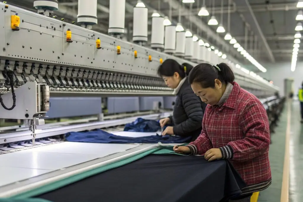 Workers inspecting fabric at Fumao garment manufacturing factory