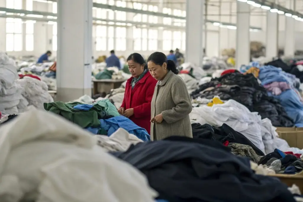 Workers inspecting finished garments at Fumao clothing factory