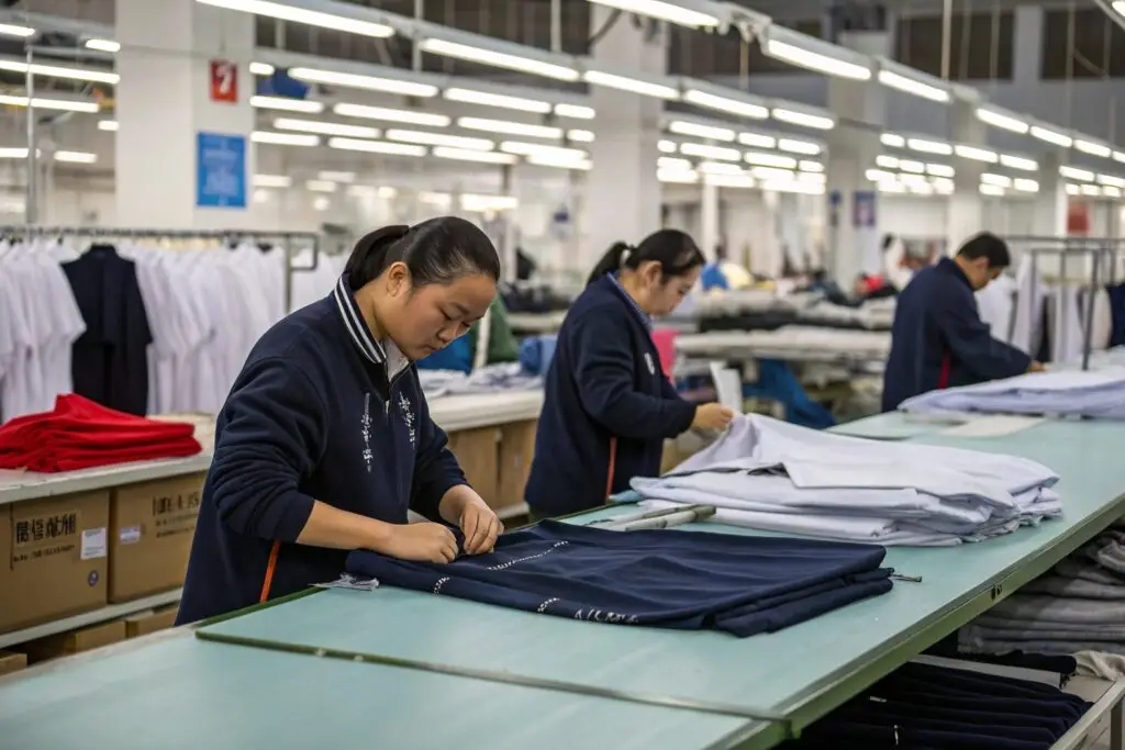 Folding garments in bulk production Chinese workers folding navy garments in wholesale clothing factory