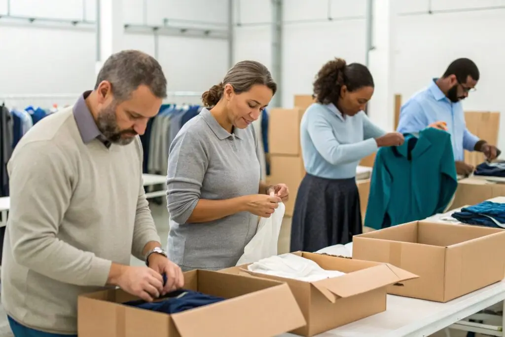 Clothing manufacturer’s packing area with workers preparing orders