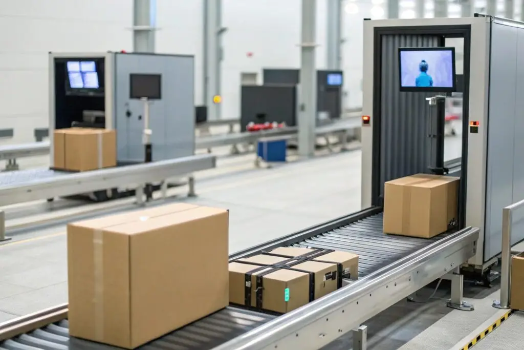 cardboard boxes going through customs inspection scanner on conveyor