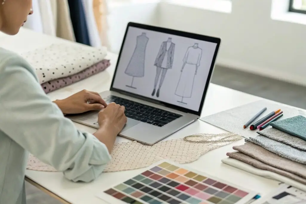 designer working on digital clothing sketches with fabric swatches and color chart