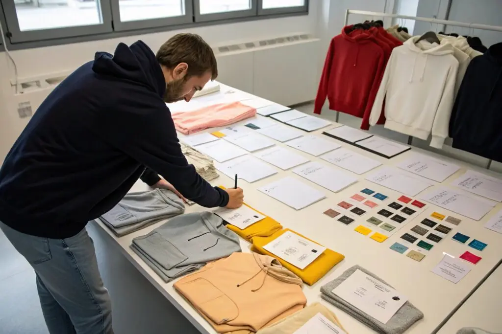 European designer evaluating hoodie samples and labels