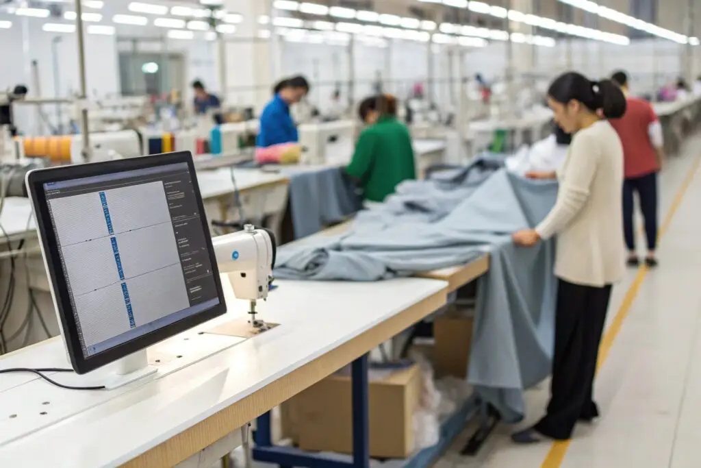 workers inspecting fabric with digital dashboard in garment factory