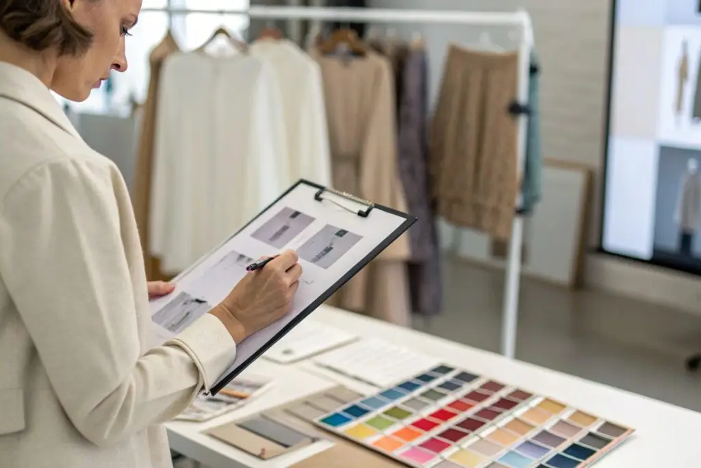 fashion buyer evaluating samples and color charts with clipboard in studio
