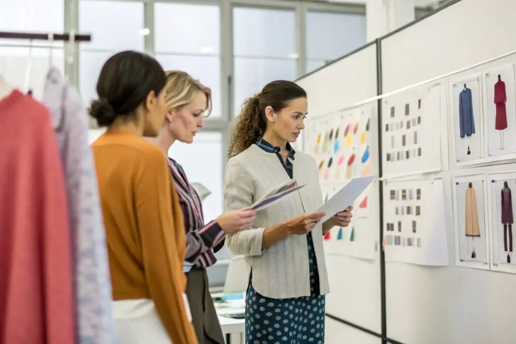 fashion design team reviewing color charts and clothing sketches