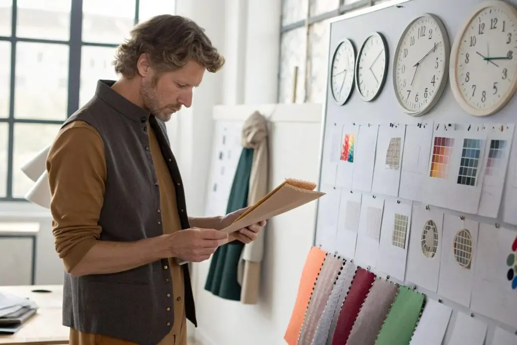 fashion designer reviewing fabric samples pinned on inspiration board