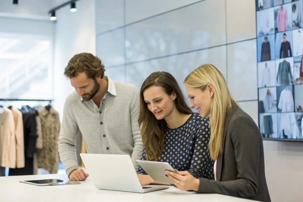 Fashion marketing team creating content with laptop and tablet