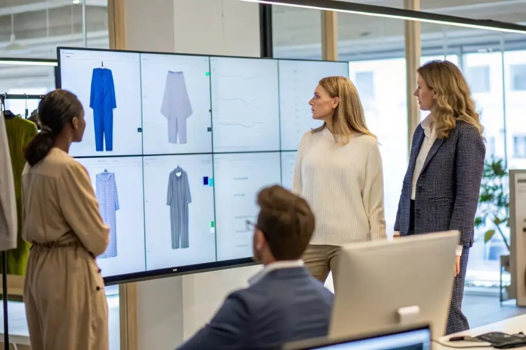 Fashion marketing team reviewing product data on large screens