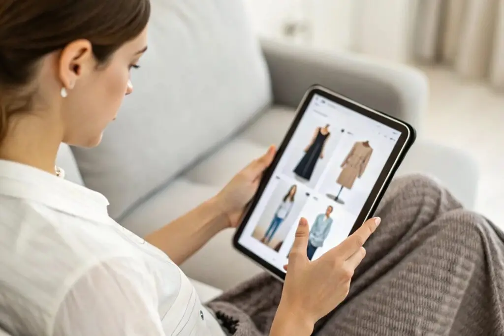 woman browsing fashion products on tablet in online store