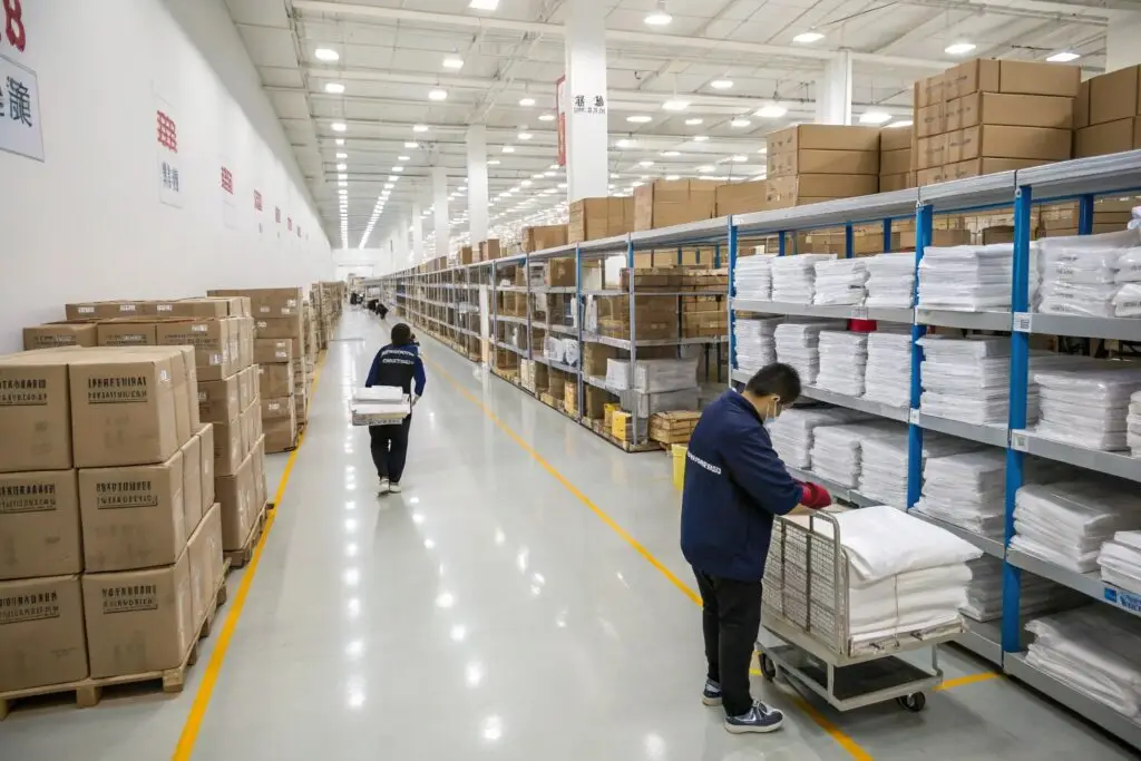 Chinese warehouse staff organizing bulk packaged garments