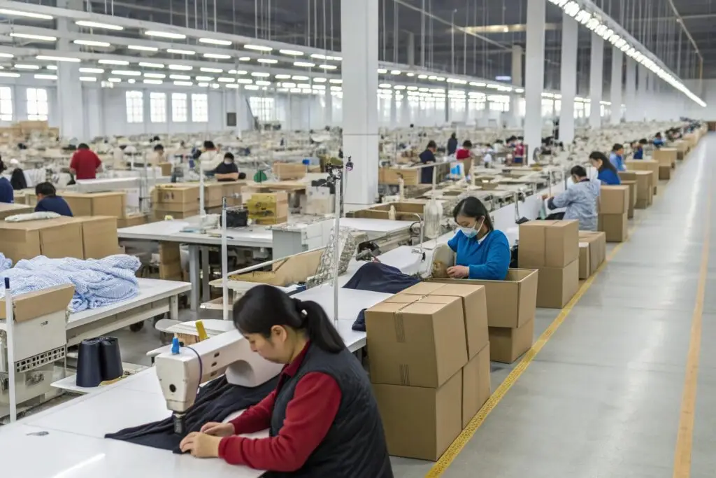 workers sewing garments in large-scale Chinese clothing factory