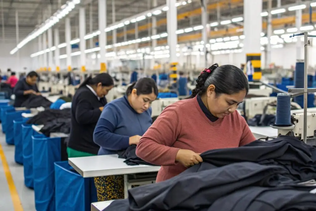 Workers in a clothing manufacturing facility, assembling garments
