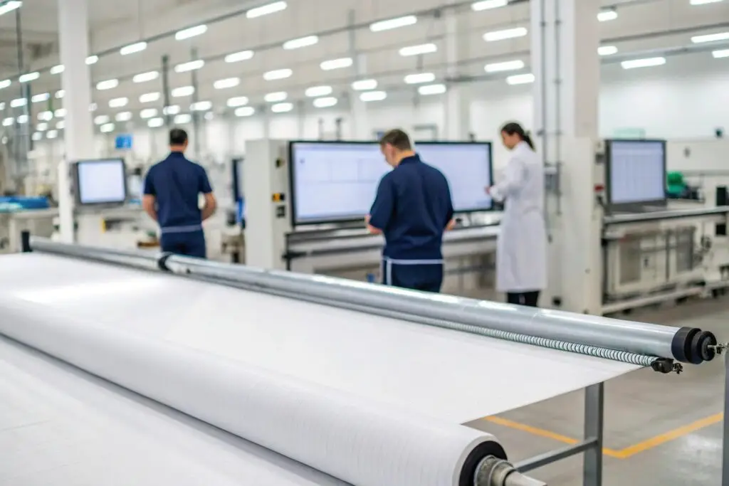 technicians monitoring fabric inspection on smart garment production line