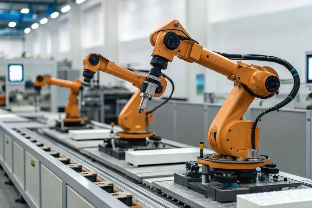 automated robotic arms working on smart manufacturing assembly line