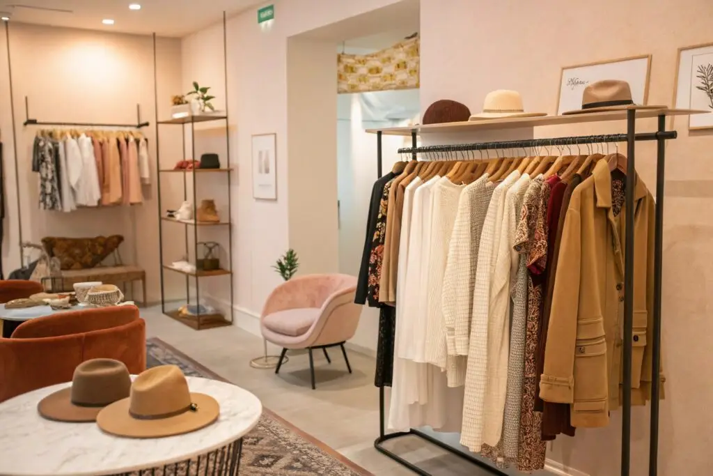 Elegant boutique interior with clothing rack and hats on display
