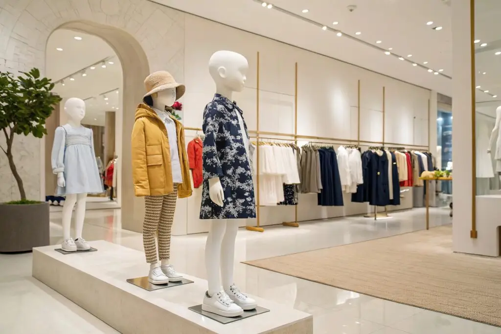 Stylish children's clothing displayed on mannequins in boutique