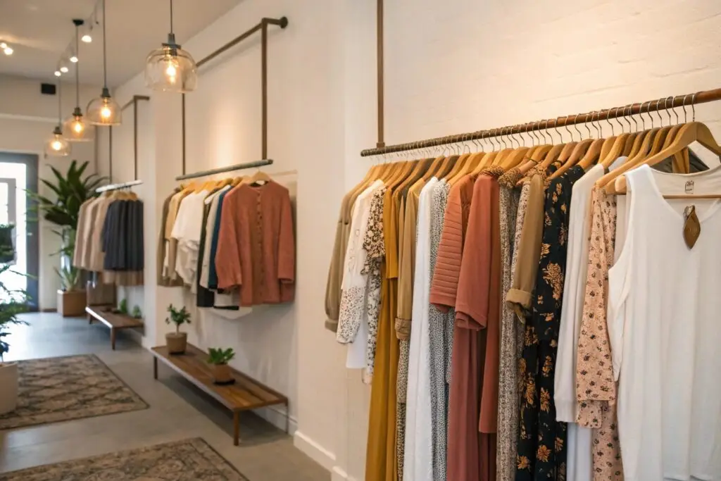 Stylish western boutique interior with neatly displayed women's clothing