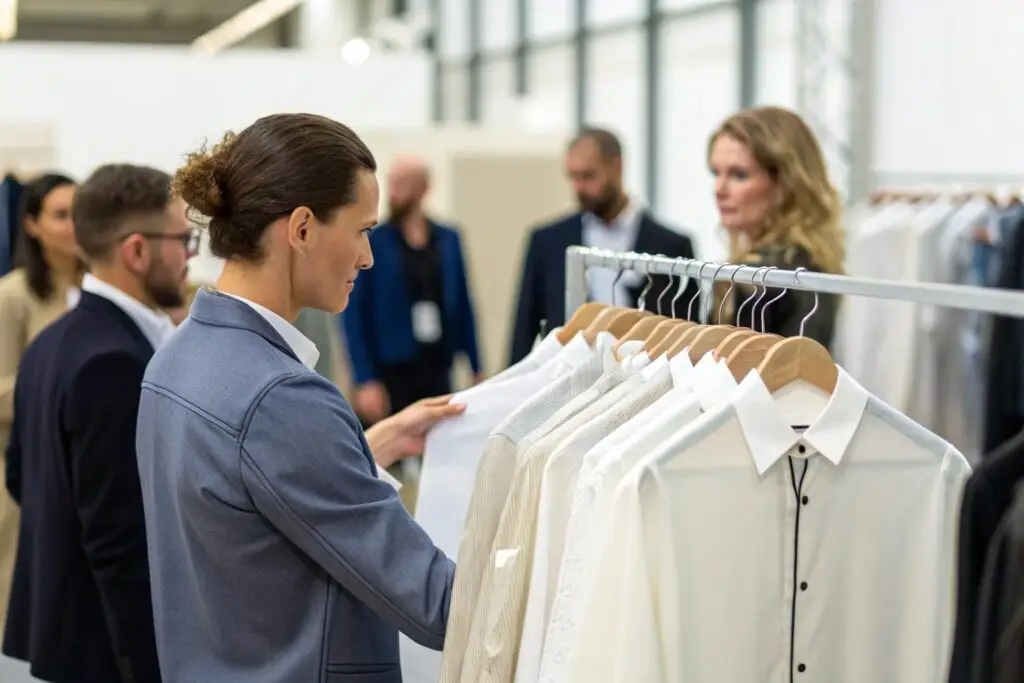 buyer inspecting formal shirts on rack at fashion trade event