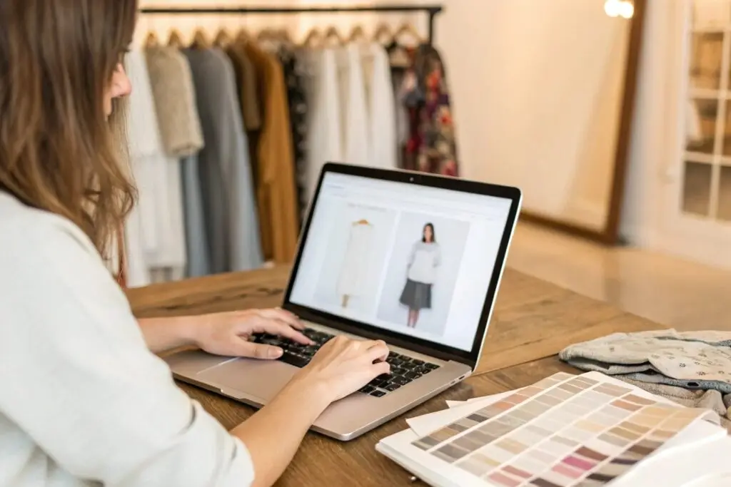 Boutique owner browsing product listings with fabric samples nearby