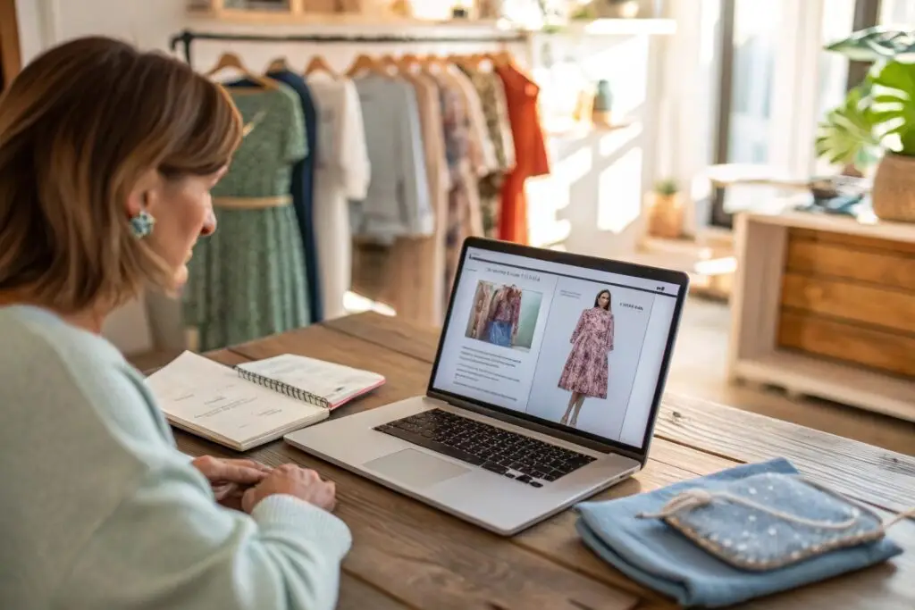 Boutique owner browsing dress options on laptop screen