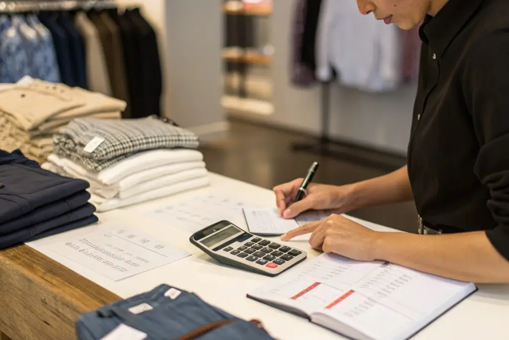 Boutique owner calculating sales near folded clothing display