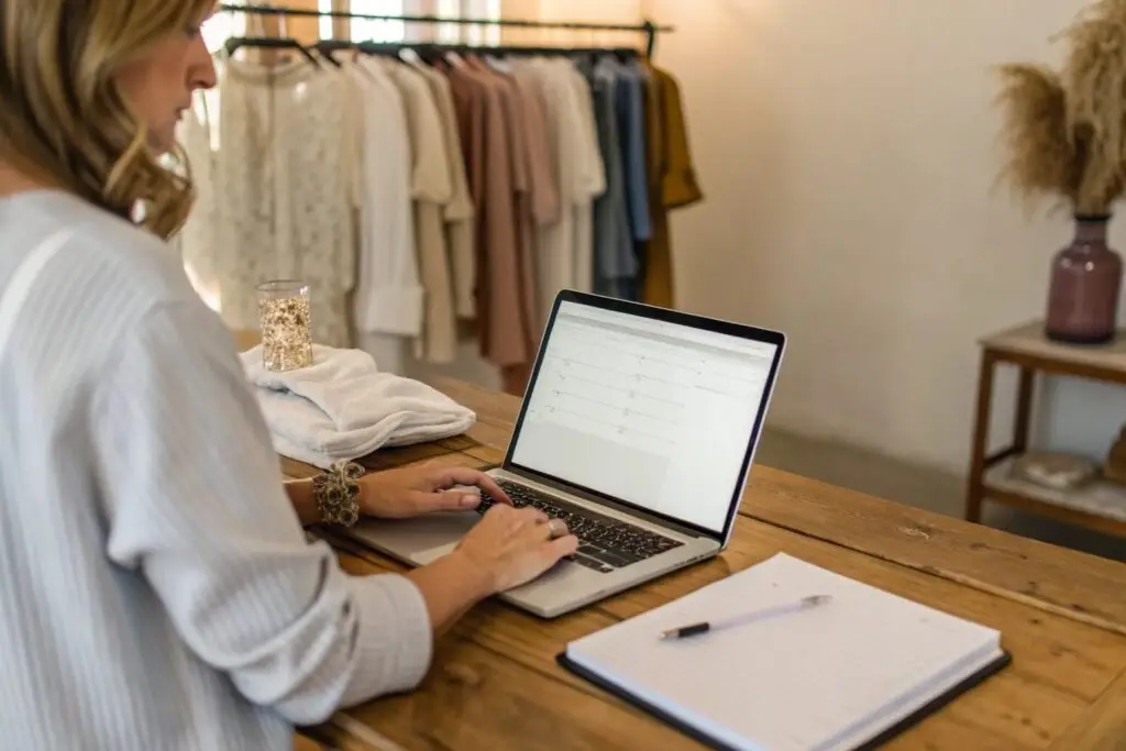 boutique owner working on laptop with clothing rack in background