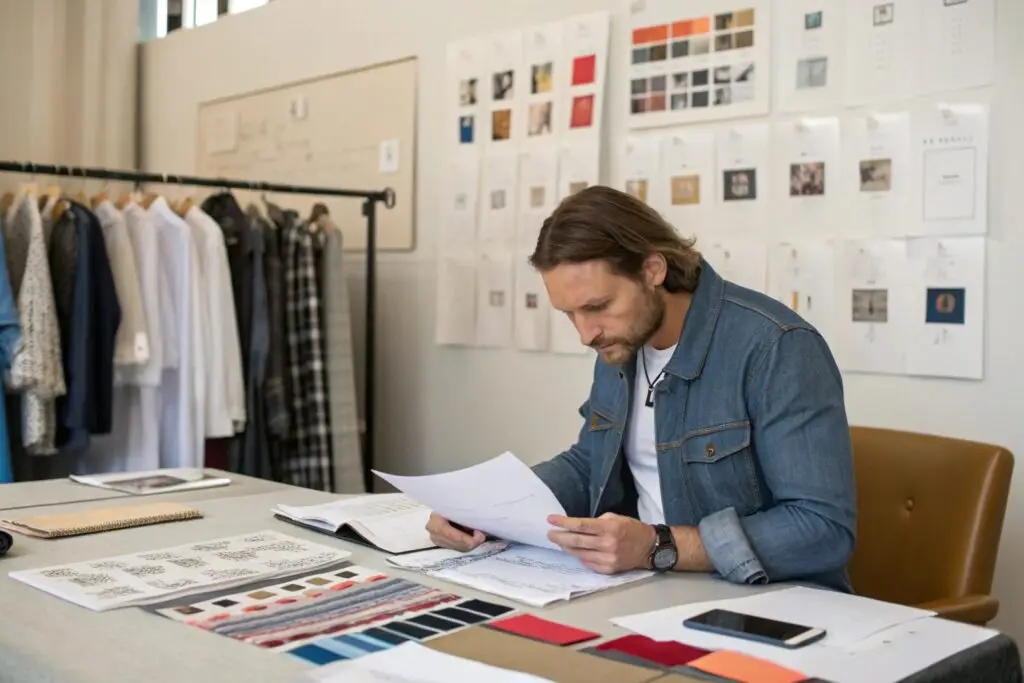 Fashion entrepreneur reviewing designs with fabric swatches