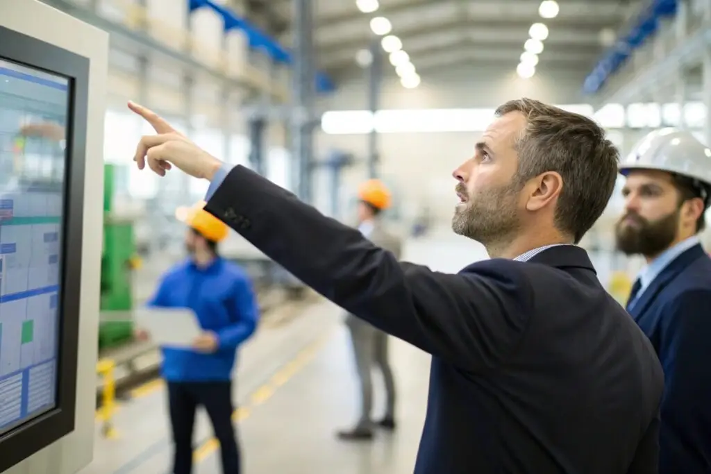 Western brand manager analyzing production data on factory screen