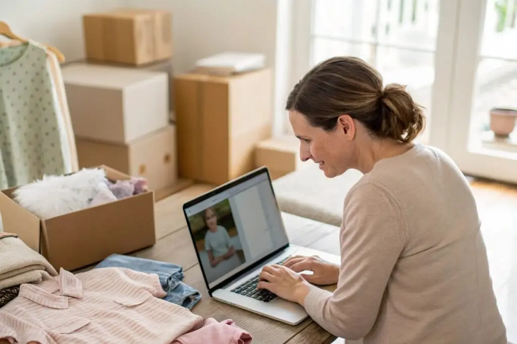 Western business owner managing kidswear orders online at desk