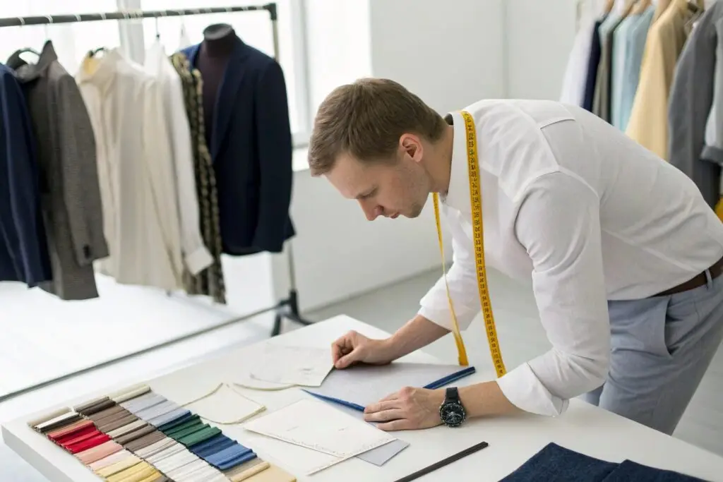 Western fashion buyer reviewing fabric samples and color swatches