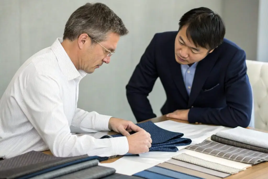 Western buyer and Asian supplier discussing fabric swatches at table
