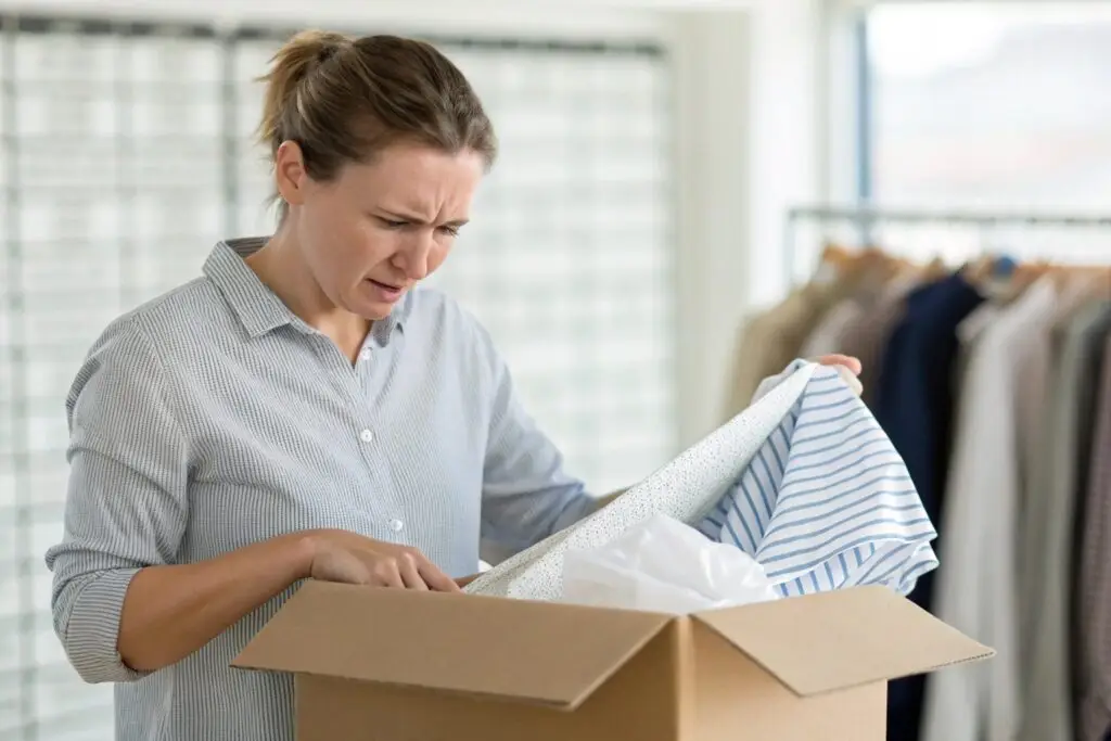 Western buyer inspecting garment quality with concern after unboxing
