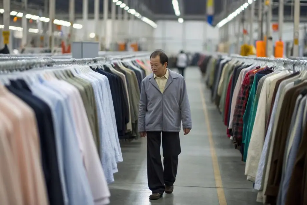 man walking through clothing racks in large-scale garment warehouse