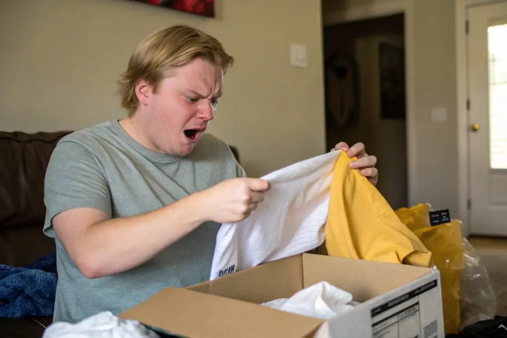 Disappointed customer opening clothing package