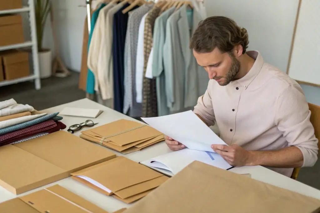 Western entrepreneur reviewing fashion documents
