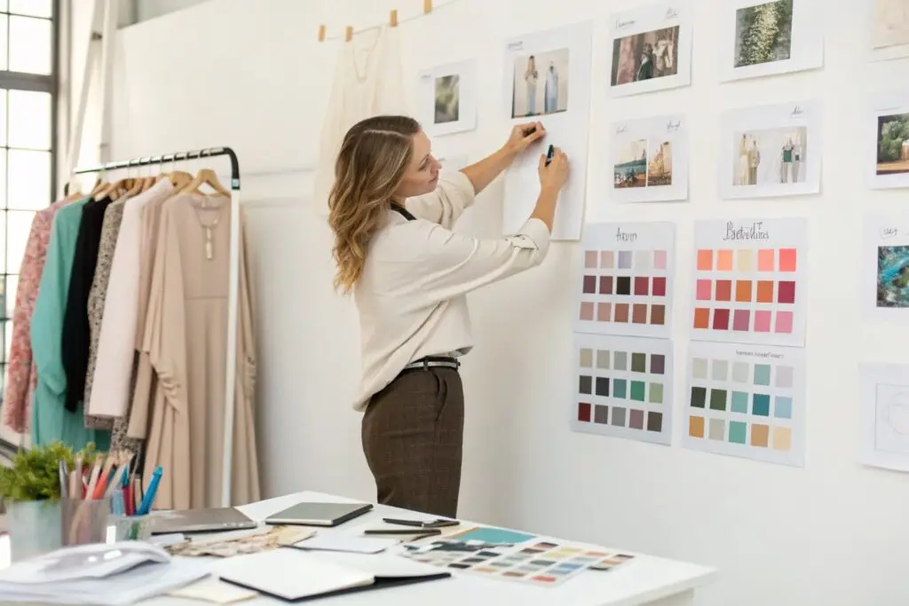 Fashion designer organizing inspiration and color boards on wall