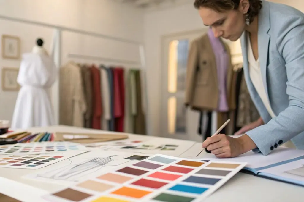 Fashion entrepreneur planning designs with sketches and color palettes