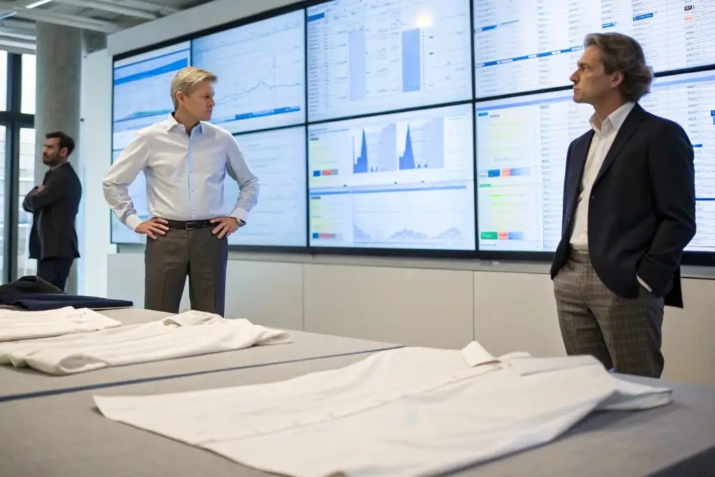 Fashion executives analyzing data with shirts on display table