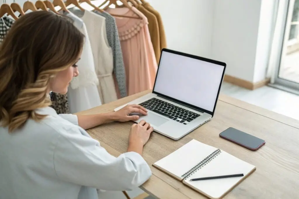 Western fashion buyer working on laptop in clothing showroom