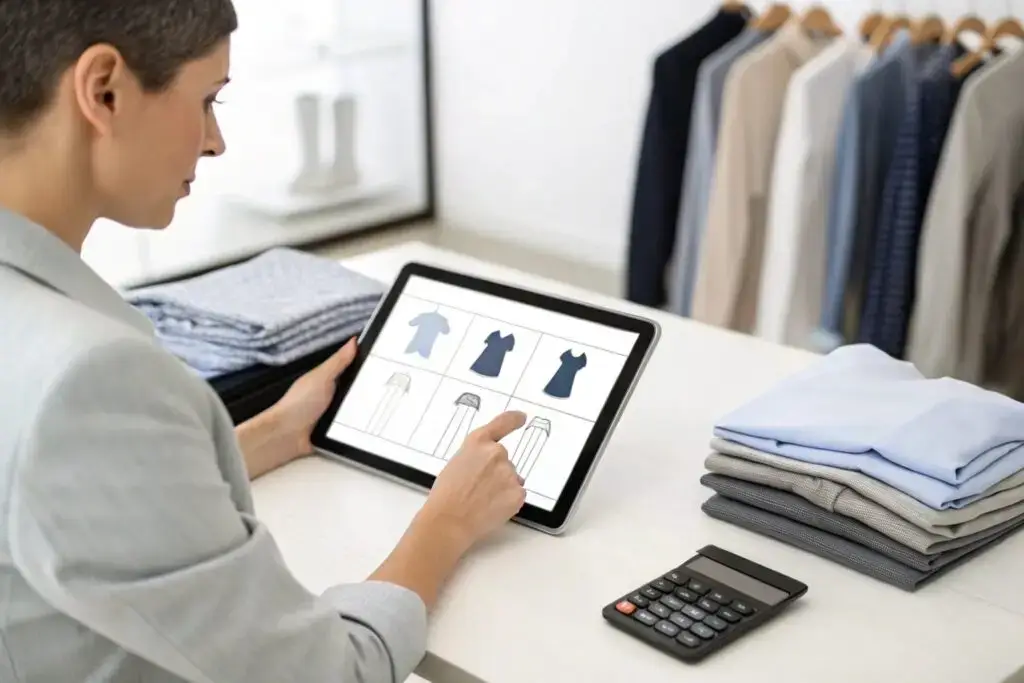 Western buyer reviewing clothing design sketches on digital tablet