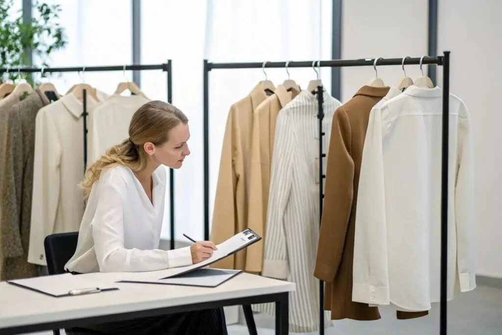 Western fashion buyer evaluating samples at a clothing showroom
