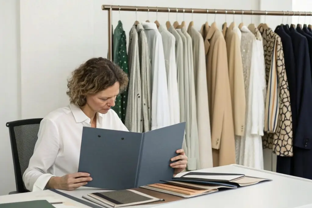 Western fashion buyer reviewing swatches