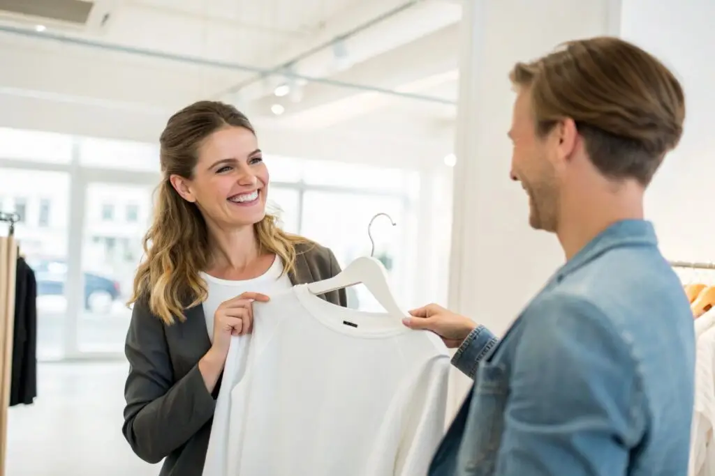 Western fashion customer talking with a boutique owner