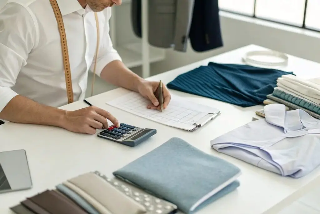 Western fashion entrepreneur calculating production costs with fabric samples