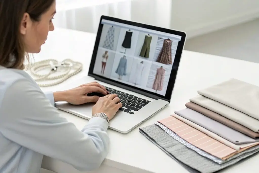 Western buyer browsing fashion designs on laptop with fabric samples