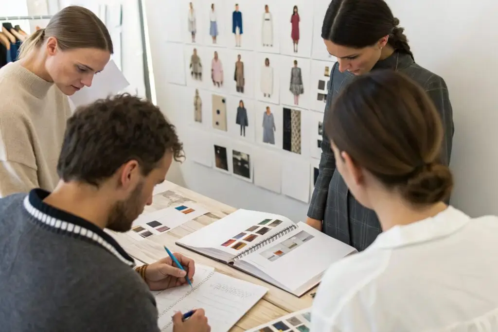 Fashion design team reviewing color swatches and garment samples
